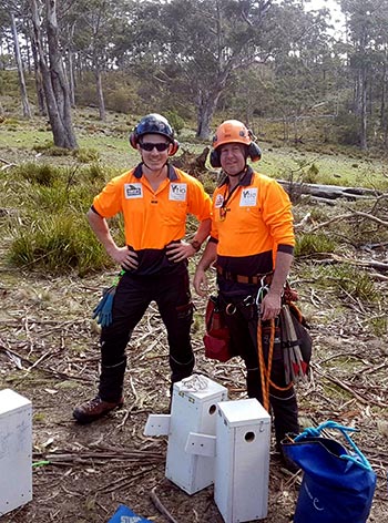 Troy and Russell with swift parrot nesting boxes